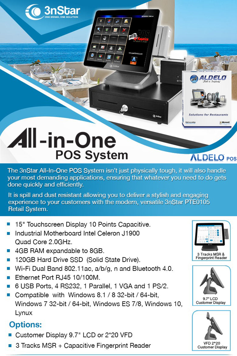 Aldelo 3nStar POS Bundle Celeron J1900 2.0GHz 4GB 120GB SSD Touchcomputer Windows 10
